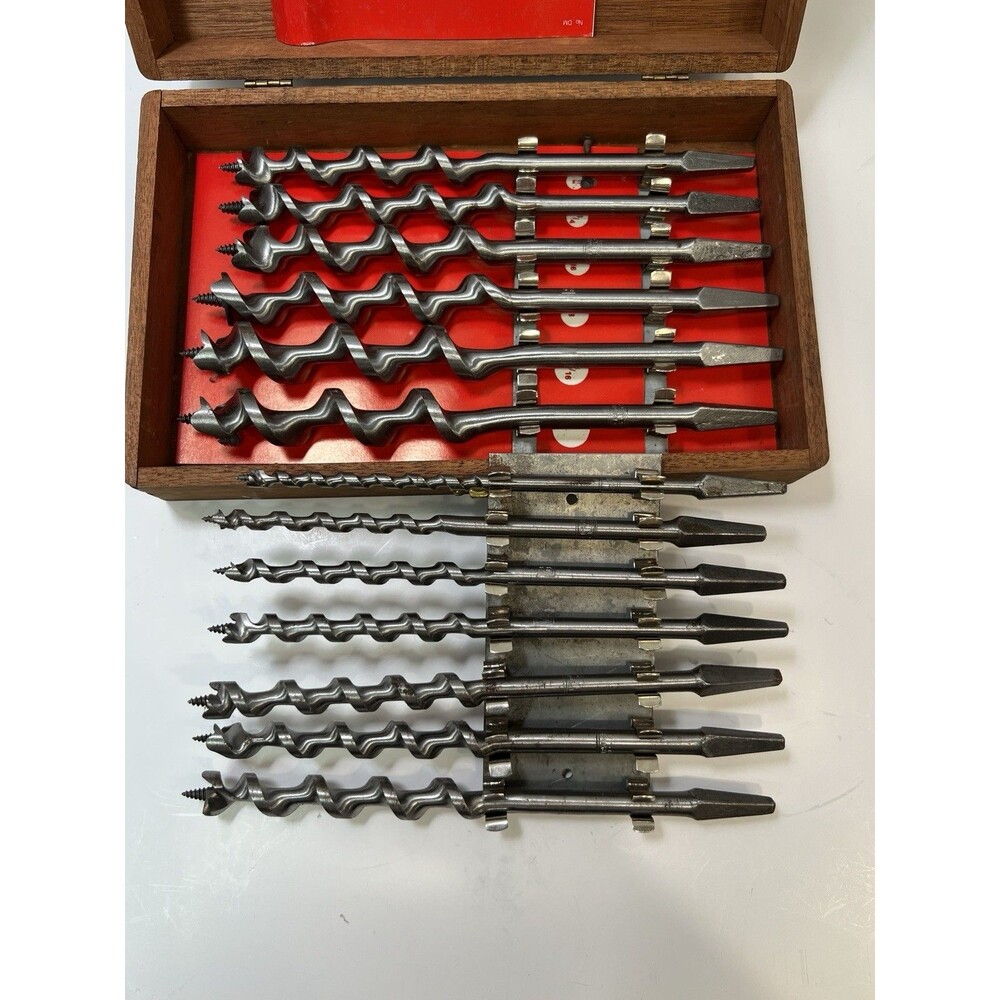 Vintage Irwin Complete 13 Piece Set of Auger Brace Bits Wood Box Made in USA
